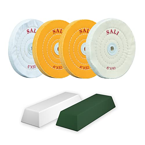 SALI 4 Pack Polishing Wheel for Bench Grinder - 6 Inch Buffing Wheel Set (2 Yellow Cotton, 2 White Cotton) - Buffer Polisher Pad With 1/2'' Arbor Hole and Polishing Compound Kit - Image 1