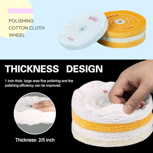 SALI 4 Pack Polishing Wheel for Bench Grinder - 6 Inch Buffing Wheel Set (2 Yellow Cotton, 2 White Cotton) - Buffer Polisher Pad With 1/2'' Arbor Hole and Polishing Compound Kit - Image 5