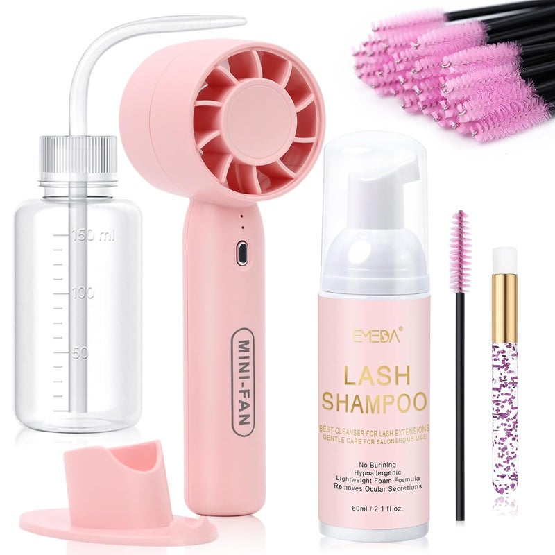 EMEDA EMEDA Lash Shampoo Kit 2.02 fl oz Lash Cleaning Kit with Rechargeable Fan Dryer/Brush/Rinse Bottle, Oil-free Cleanser Wash for Extensions & Clusters & Natural Eyelashes, Cleaner for Eyelash Care 
