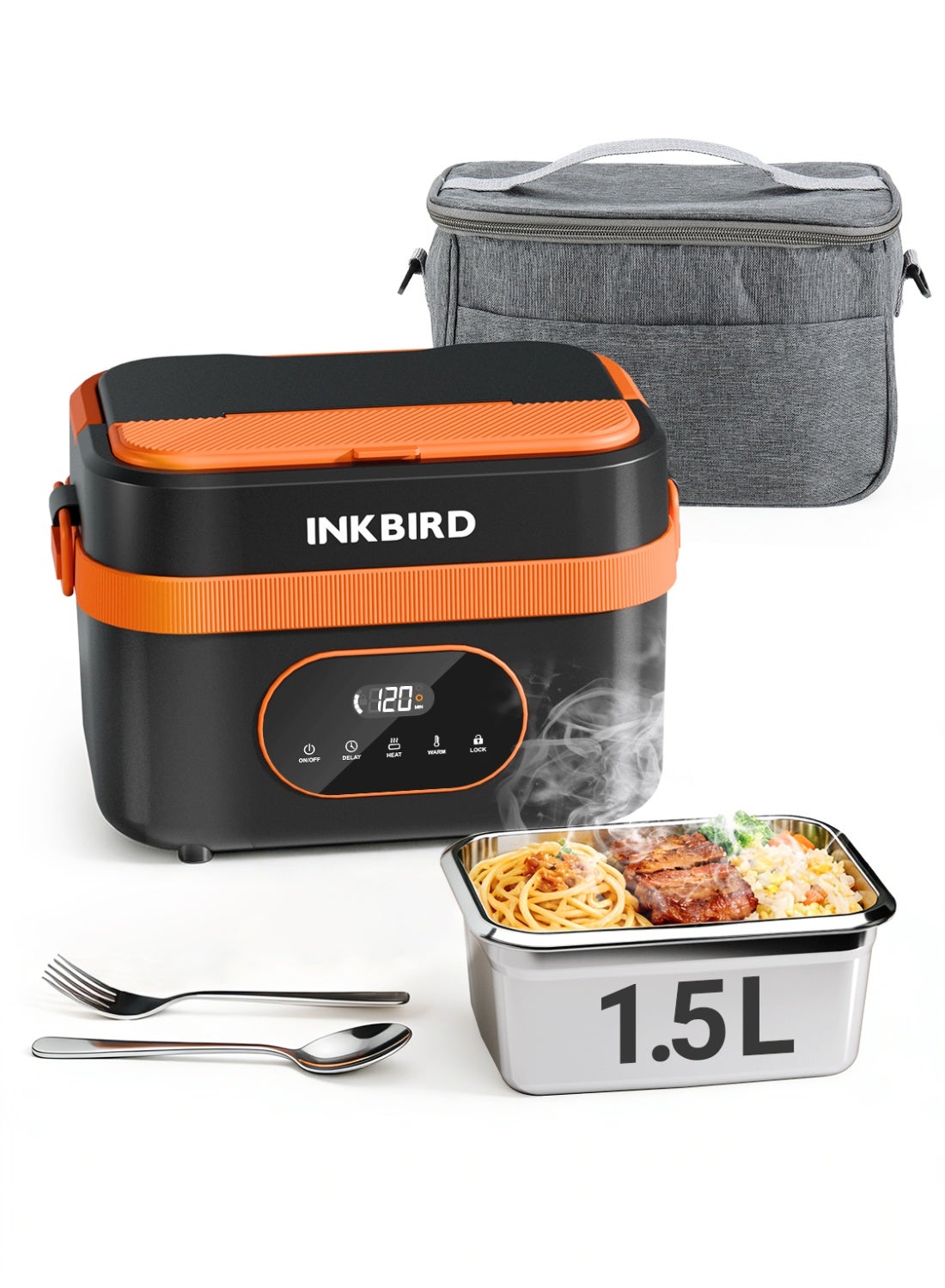 INKBIRD Cordless Electric Lunch Box with Insulated Bag, 16000mAh Rechargeable Self-Heating Food Warmer, 1.5L Stainless Steel Container, Leak-Proof Portable Heated Bento for Truckers, Office, Camping