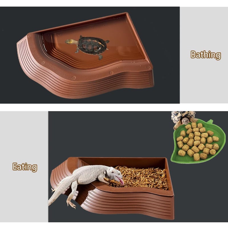 YUEMOOLIX 3 Pcs Tortoise Water Dish with Ramp Leaf Tortoise Water Food Bowls Reptile Water Dish Amphibians Habitat Accessories for Lizard Turtle Horned Frog Brown - Image 3