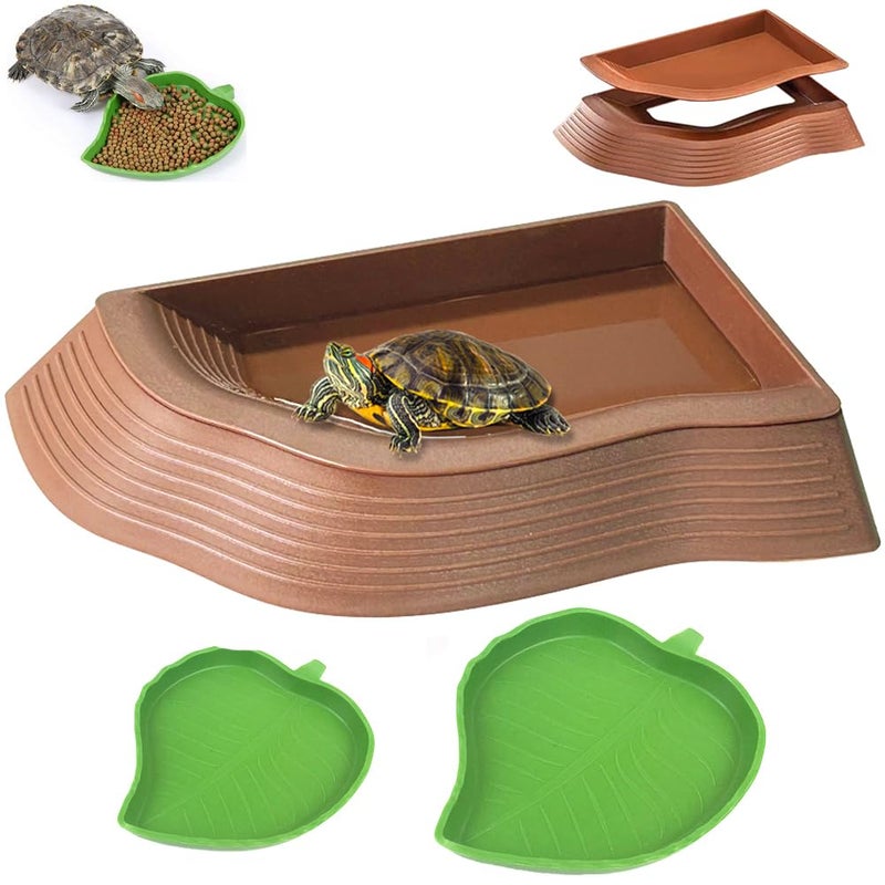 YUEMOOLIX 3 Pcs Tortoise Water Dish with Ramp Leaf Tortoise Water Food Bowls Reptile Water Dish Amphibians Habitat Accessories for Lizard Turtle Horned Frog Brown - Image 1