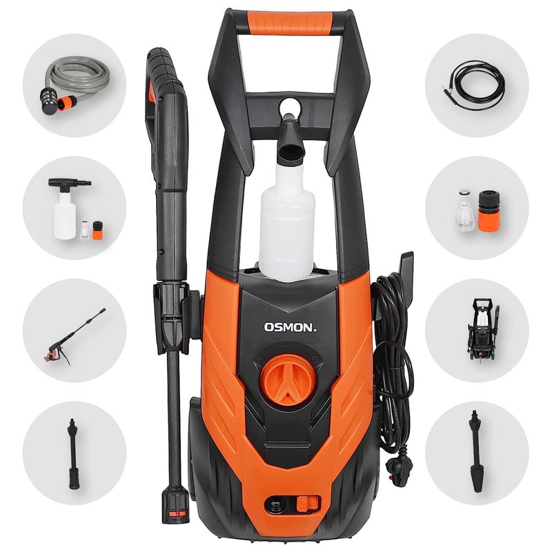 OSMON OS PW140 Pressure Washer 1700W Universal Copper Motor 140 Bar Metal Pump 6M Hose 20 Feet ISI Marked 5M Wire Plug with Soap Dispenser Orange - Image 1