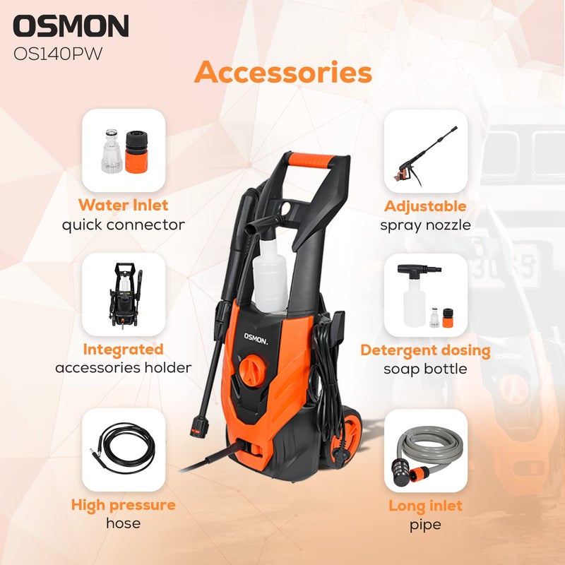 OSMON OS PW140 Pressure Washer 1700W Universal Copper Motor 140 Bar Metal Pump 6M Hose 20 Feet ISI Marked 5M Wire Plug with Soap Dispenser Orange - Image 5