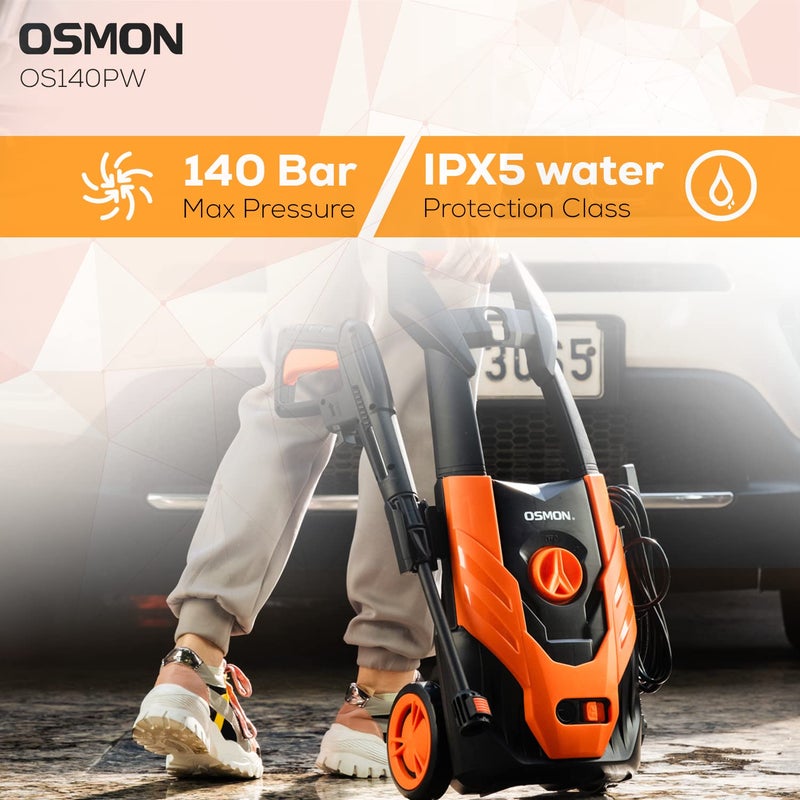 OSMON OS PW140 Pressure Washer 1700W Universal Copper Motor 140 Bar Metal Pump 6M Hose 20 Feet ISI Marked 5M Wire Plug with Soap Dispenser Orange - Image 4