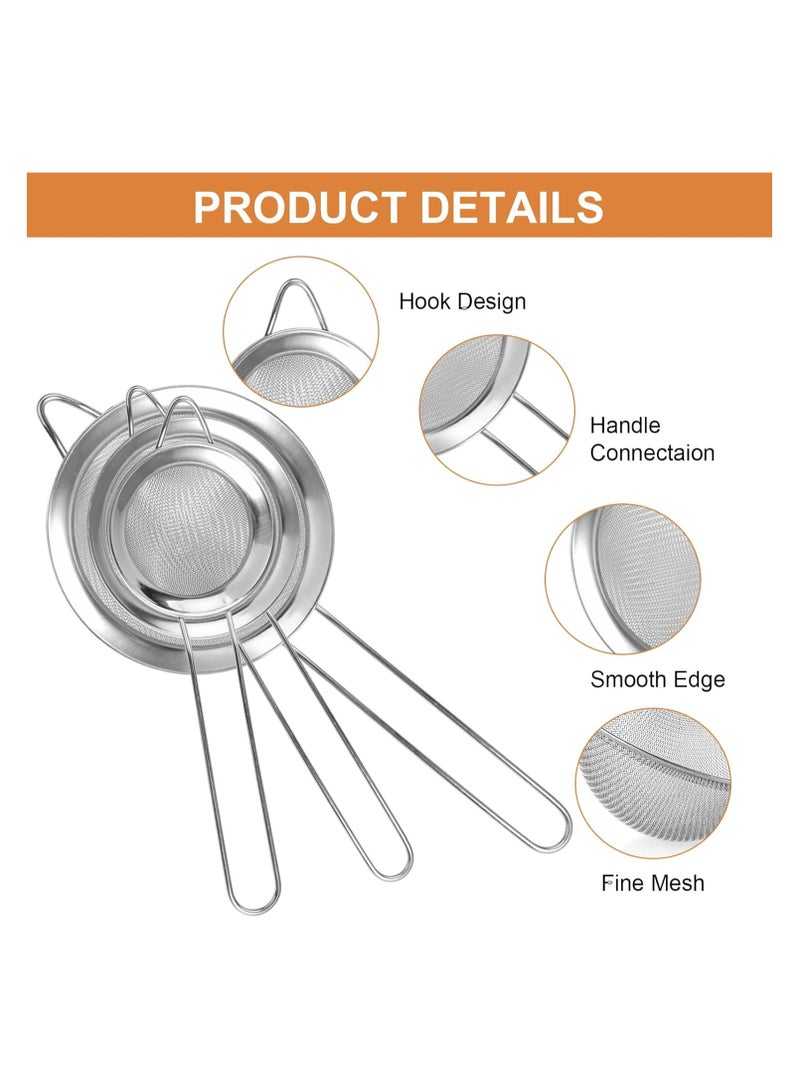 3 Pcs Strainer Fine Mesh Sieve (7cm 8cm 10cm) Size Stainless Steel with Non Slip Handle Kitchen Craft Strainers for Loose Tea Cocktail Juice Flour Spices and Baking Silver Color - Image 3