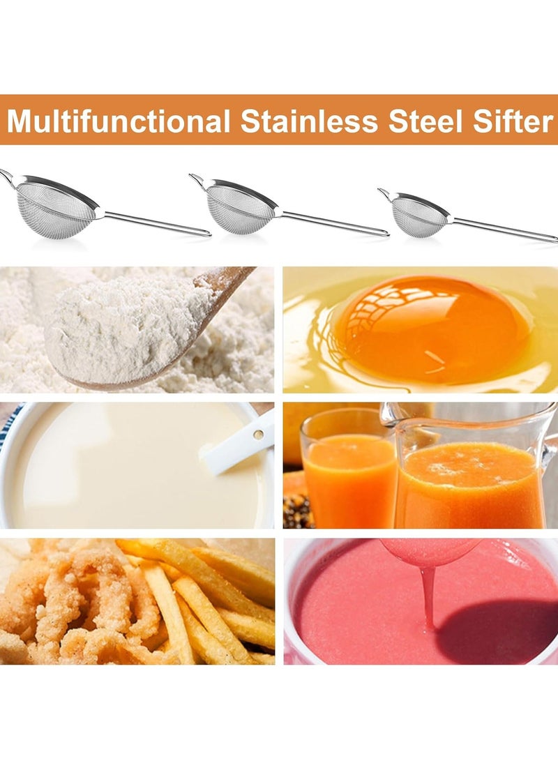3 Pcs Strainer Fine Mesh Sieve (7cm 8cm 10cm) Size Stainless Steel with Non Slip Handle Kitchen Craft Strainers for Loose Tea Cocktail Juice Flour Spices and Baking Silver Color - Image 4