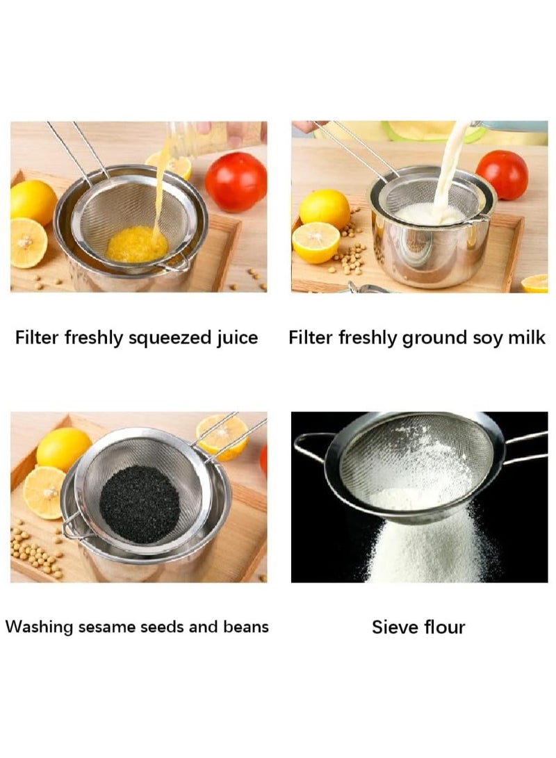 3 Pcs Strainer Fine Mesh Sieve (7cm 8cm 10cm) Size Stainless Steel with Non Slip Handle Kitchen Craft Strainers for Loose Tea Cocktail Juice Flour Spices and Baking Silver Color - Image 2
