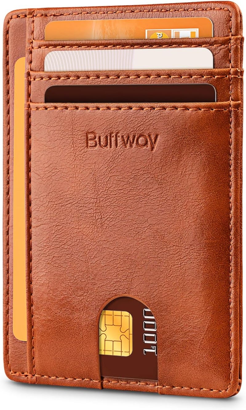 Buffway Slim Minimalist Front Pocket RFID Blocking Leather Wallets for Men and Women - Alaska Brown - Image 1