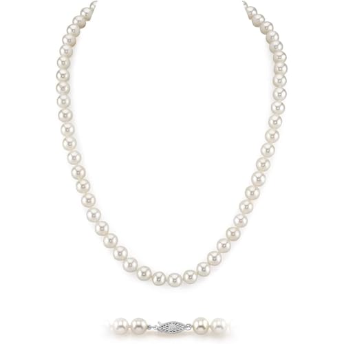 The Pearl Source Real Pearl Necklace for Women with AAA+ Quality Round White Freshwater Genuine Cultured Pearls | 17-inch Pearl Strand with 14K Gold Plated Sterling Silver Clasp - Image 1