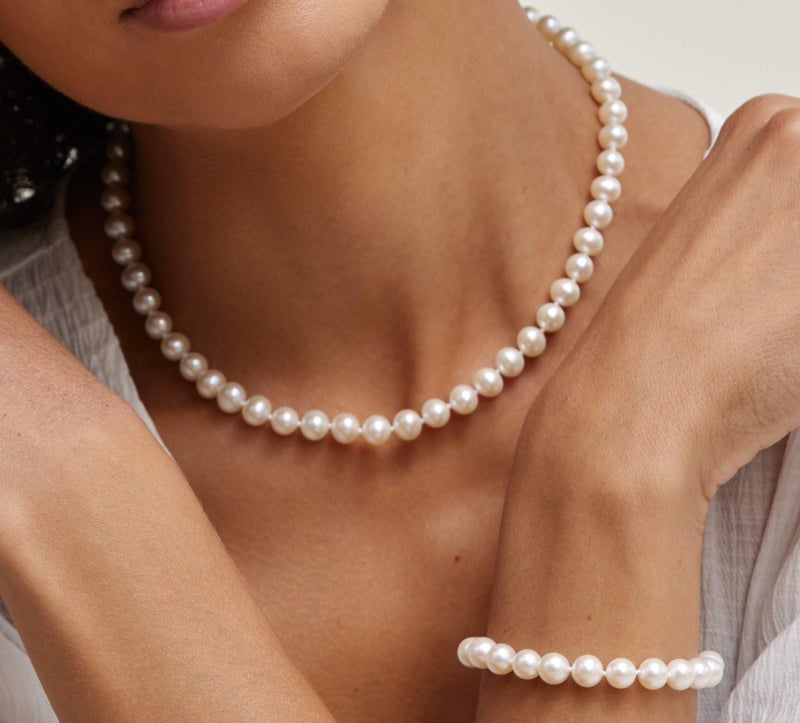 The Pearl Source Real Pearl Necklace for Women with AAA+ Quality Round White Freshwater Genuine Cultured Pearls | 17-inch Pearl Strand with 14K Gold Plated Sterling Silver Clasp - Image 2