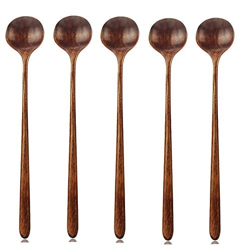AOOSY Long Spoons Wooden, 5 Pieces Korean Style 10.9 Inches 100% Natural Wood Long Handle Round Spoons for Soup Cooking Mixing Stirrer Kitchen Tools Utensils (Korean Style Soup Spoon) - Image 1