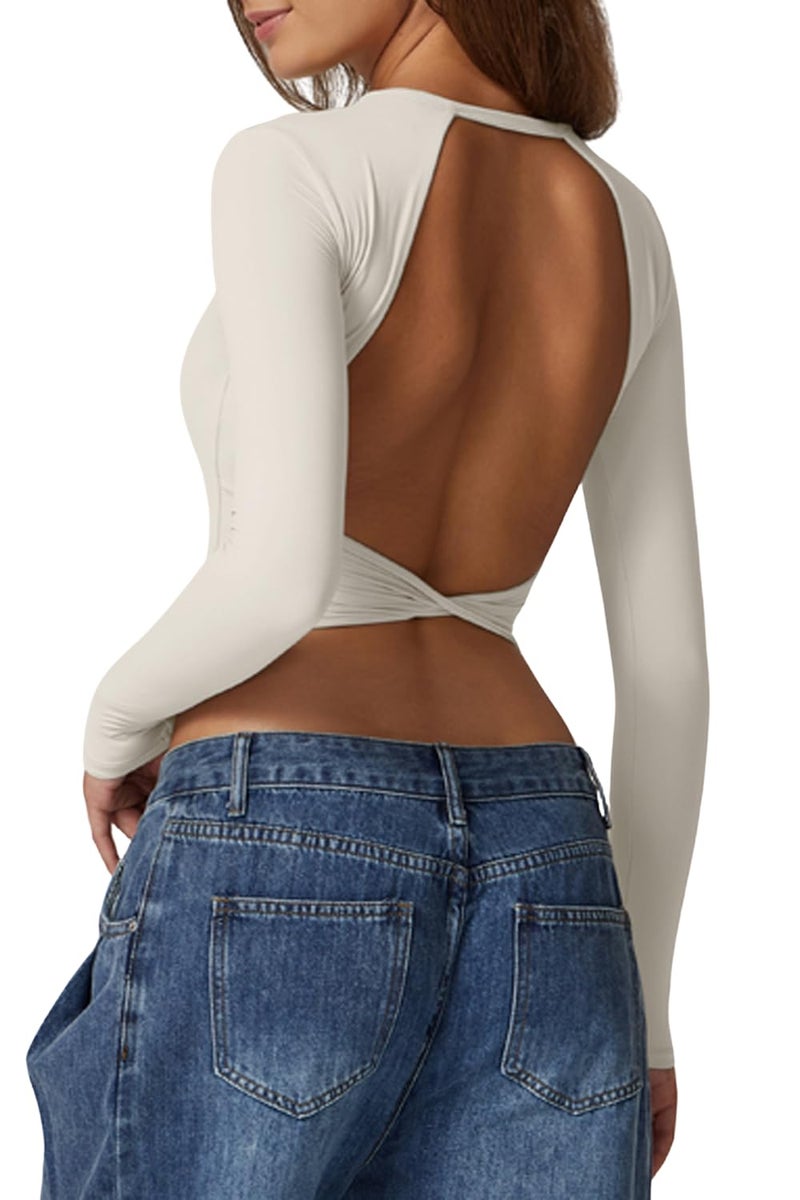QINSEN Womens Criss Cross Backless Top Long Sleeve Double Lined Slimming Fit T Shirts White S - Image 1