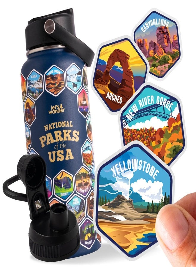 LET'S WANDER National Parks Water Bottle 2.0 Ultimate Bundle | Includes Straw Lid, Chug Lid & 2 Sets of 63 Waterproof Stickers | 32oz Leakproof Insulated Stainless Steel Gift Pack (Blue) - Image 1