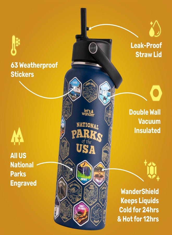 LET'S WANDER National Parks Water Bottle 2.0 Ultimate Bundle | Includes Straw Lid, Chug Lid & 2 Sets of 63 Waterproof Stickers | 32oz Leakproof Insulated Stainless Steel Gift Pack (Blue) - Image 4