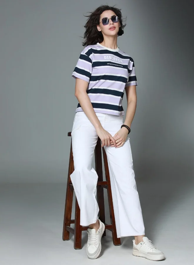 HIGH STAR Women Lavender T-Shirt - Boxy Regular Length Casual Wear