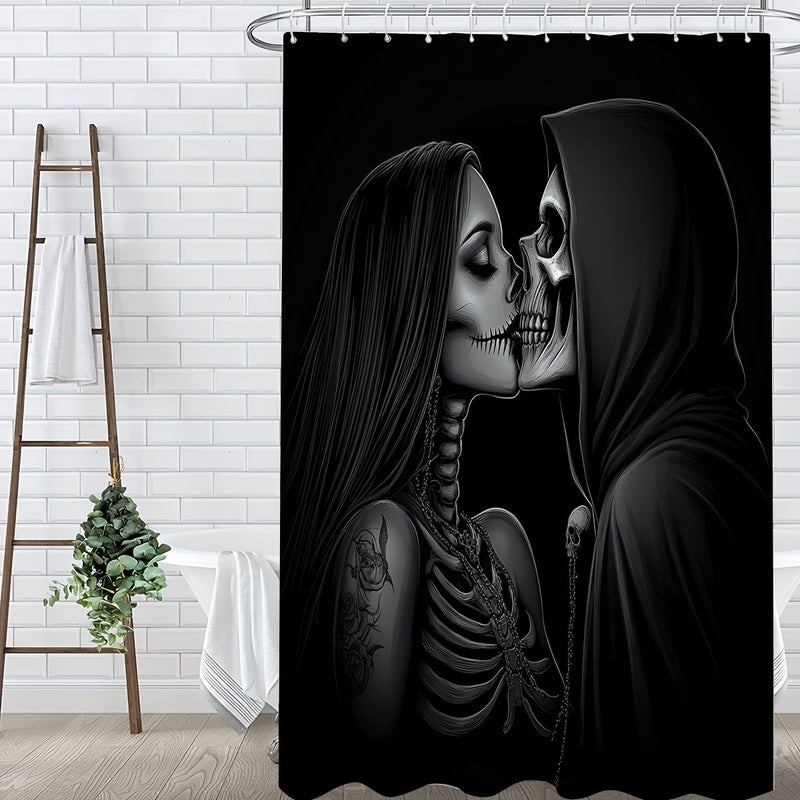 1 2 3 4 Pcs Skeleton Kiss Shower Curtain Set Monochrome Embrace Bathroom Decor Accessories With Bath Mat U Shaped Mat Toilet Lid Cover 12 Hooks 70.87x70.87 Inch Curtain Gothic Romance Home Decor Bathroom Accessories 200x240 Cm 14 Hooks - Image 5