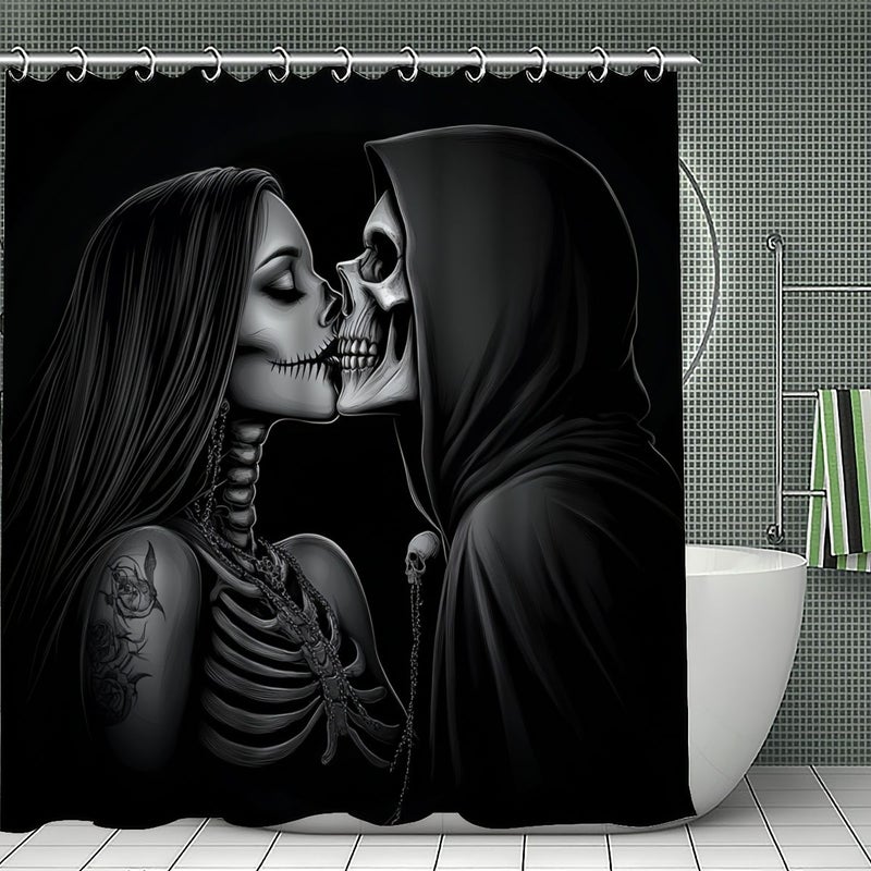 1 2 3 4 Pcs Skeleton Kiss Shower Curtain Set Monochrome Embrace Bathroom Decor Accessories With Bath Mat U Shaped Mat Toilet Lid Cover 12 Hooks 70.87x70.87 Inch Curtain Gothic Romance Home Decor Bathroom Accessories 200x240 Cm 14 Hooks - Image 2