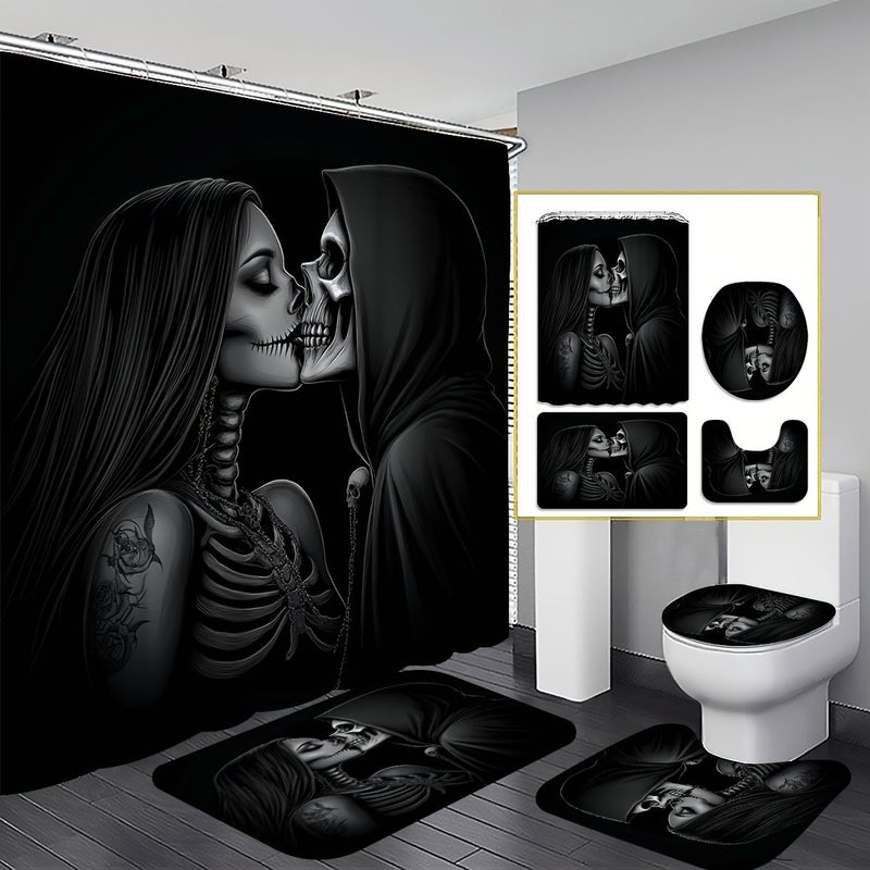 1 2 3 4 Pcs Skeleton Kiss Shower Curtain Set Monochrome Embrace Bathroom Decor Accessories With Bath Mat U Shaped Mat Toilet Lid Cover 12 Hooks 70.87x70.87 Inch Curtain Gothic Romance Home Decor Bathroom Accessories 200x240 Cm 14 Hooks - Image 1