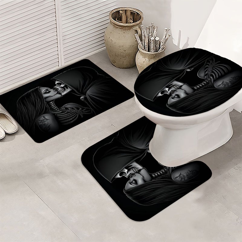 1 2 3 4 Pcs Skeleton Kiss Shower Curtain Set Monochrome Embrace Bathroom Decor Accessories With Bath Mat U Shaped Mat Toilet Lid Cover 12 Hooks 70.87x70.87 Inch Curtain Gothic Romance Home Decor Bathroom Accessories 200x240 Cm 14 Hooks - Image 4