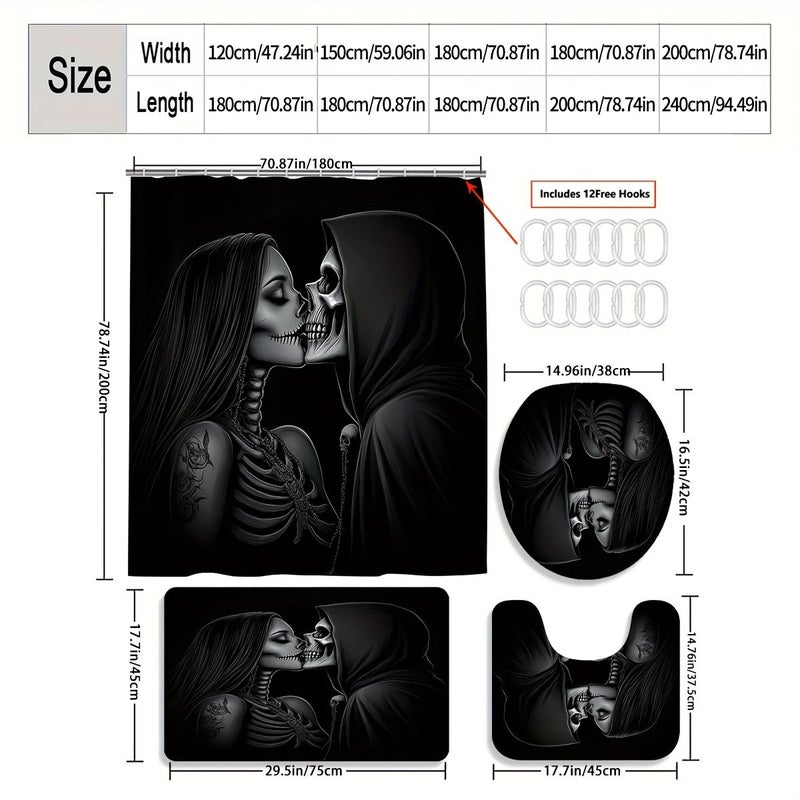 1 2 3 4 Pcs Skeleton Kiss Shower Curtain Set Monochrome Embrace Bathroom Decor Accessories With Bath Mat U Shaped Mat Toilet Lid Cover 12 Hooks 70.87x70.87 Inch Curtain Gothic Romance Home Decor Bathroom Accessories 200x240 Cm 14 Hooks - Image 3