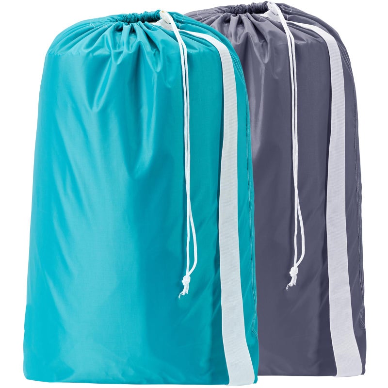 HOMEST 2 Pack XL Nylon Laundry Bag with Strap Large Dirty Garments Organizer Easy Fit a Hamper or Clothing Basket Can Carry Up to 4 Loads of Clothes Grey and Sky Blue