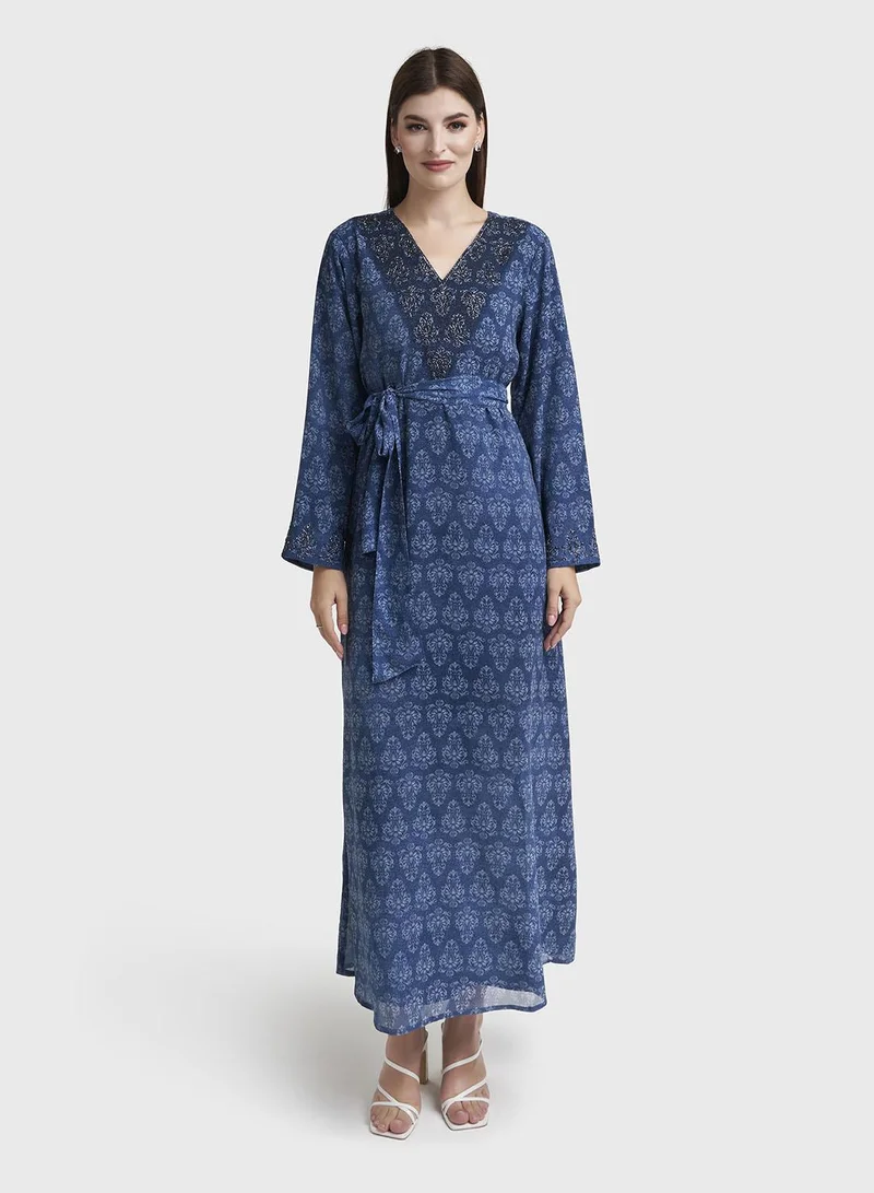 Kashkha Petrol Blue Damask Printed Georgette Maxi Dress (VDM917)