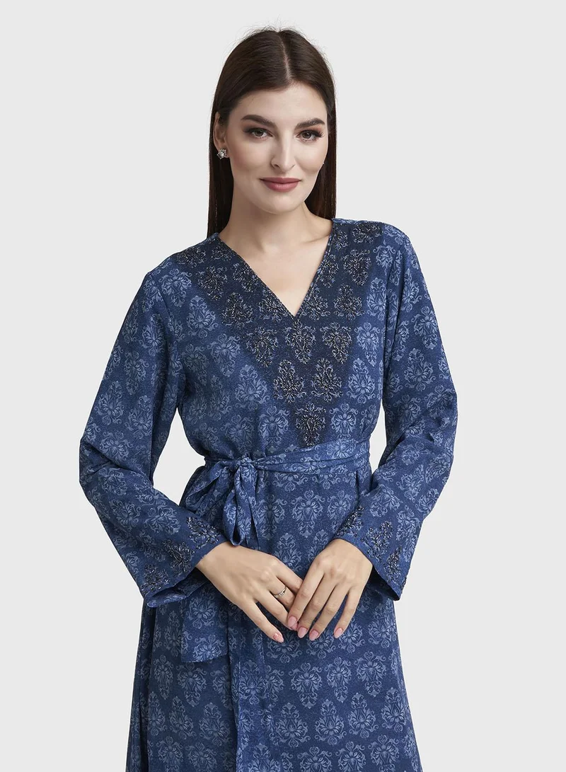 Kashkha Petrol Blue Damask Printed Georgette Maxi Dress (VDM917)