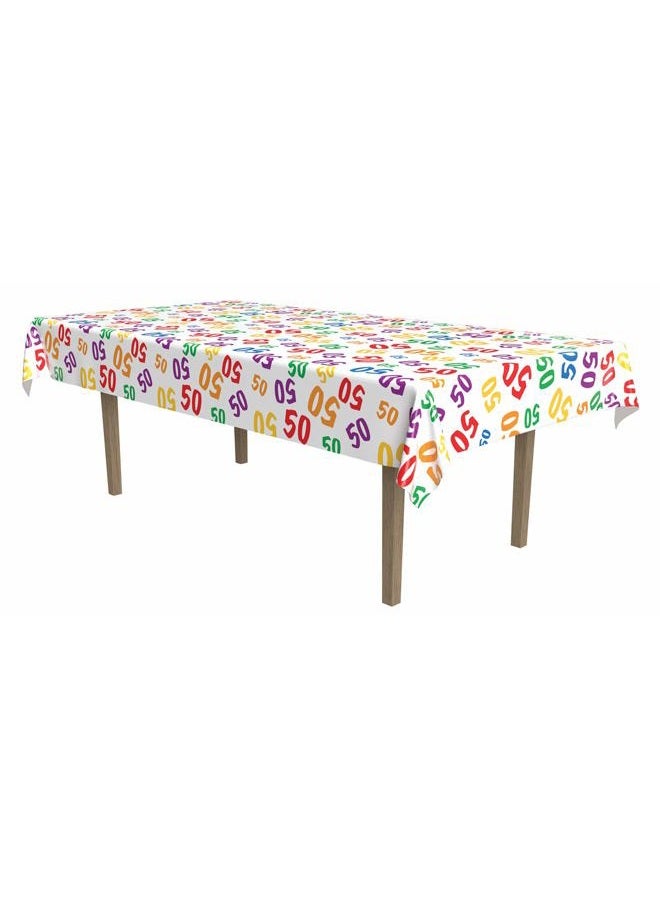Beistle Multicolor 50 Stamp All Over Holiday Tablecover, Purple, Blue, Red, Yellow, Orange, White - Image 1
