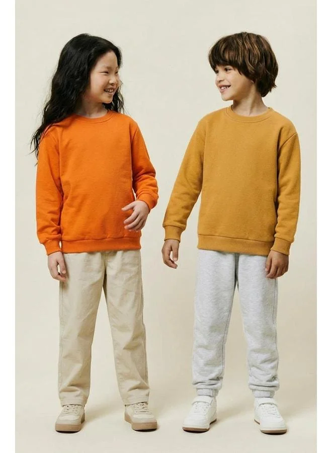 Perendi Unisex Kids 2-Piece Basic Crewneck Sweatshirt Set – Mustard & Orange.