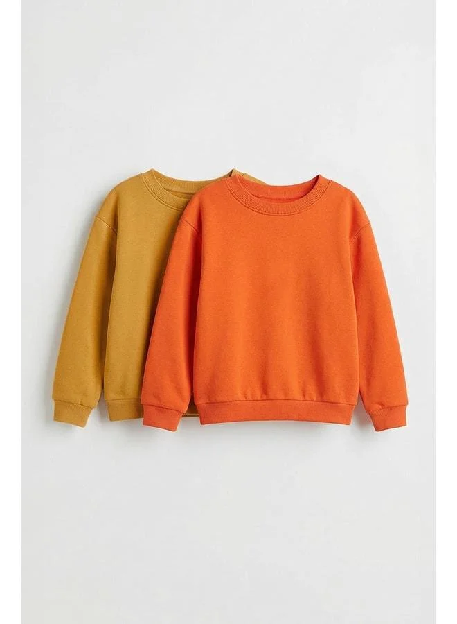 Perendi Unisex Kids 2-Piece Basic Crewneck Sweatshirt Set – Mustard & Orange.