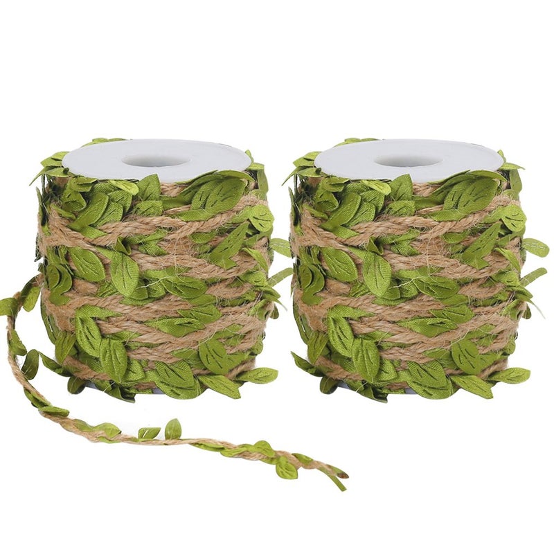 Tenn Well Burlap Leaf Ribbon 132Feet 5mm Jute Twine Vine with Artificial Leaves for Crafts Wedding Jungle Party Decor 2PCS x 66Feet - Image 1
