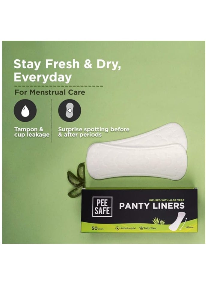 PEE SAFE - Pee Safe Panty Liners For Women Daily Use with Aloe Vera - 50 Liners | 185mm Long (Large Size) | Curvy Design For Extra Comfort | Cottony-Soft Surface| Keeps You Dry & Fresh All Day Long - Image 1