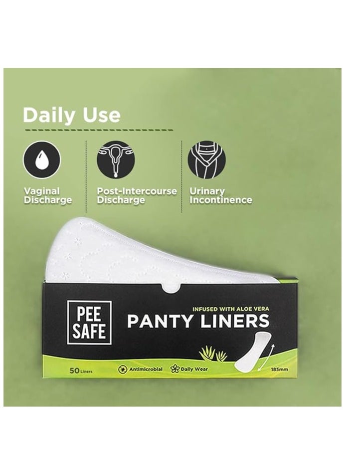 PEE SAFE - Pee Safe Panty Liners For Women Daily Use with Aloe Vera - 50 Liners | 185mm Long (Large Size) | Curvy Design For Extra Comfort | Cottony-Soft Surface| Keeps You Dry & Fresh All Day Long - Image 1