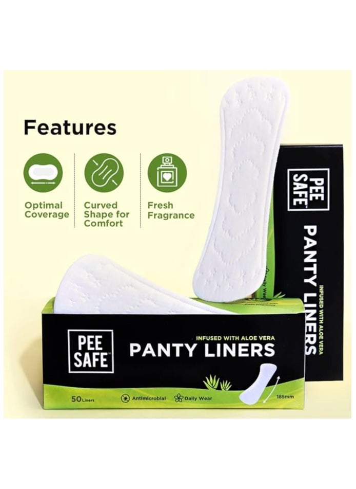 PEE SAFE - Pee Safe Panty Liners For Women Daily Use with Aloe Vera - 50 Liners | 185mm Long (Large Size) | Curvy Design For Extra Comfort | Cottony-Soft Surface| Keeps You Dry & Fresh All Day Long - Image 1