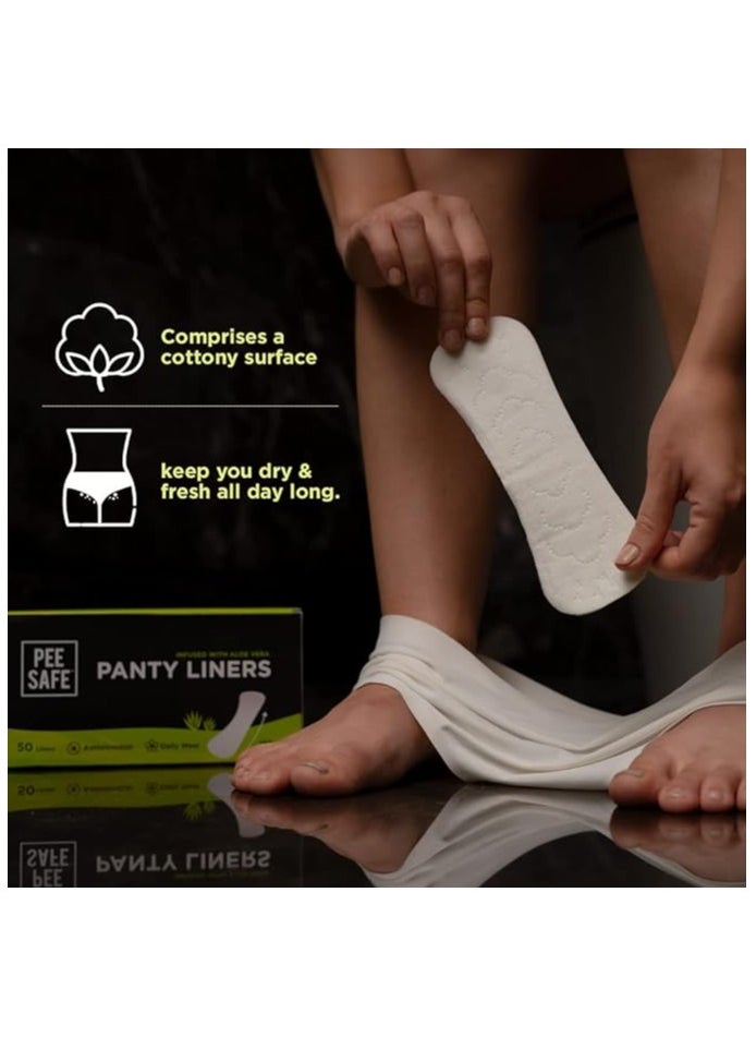 PEE SAFE - Pee Safe Panty Liners For Women Daily Use with Aloe Vera - 50 Liners | 185mm Long (Large Size) | Curvy Design For Extra Comfort | Cottony-Soft Surface| Keeps You Dry & Fresh All Day Long - Image 1