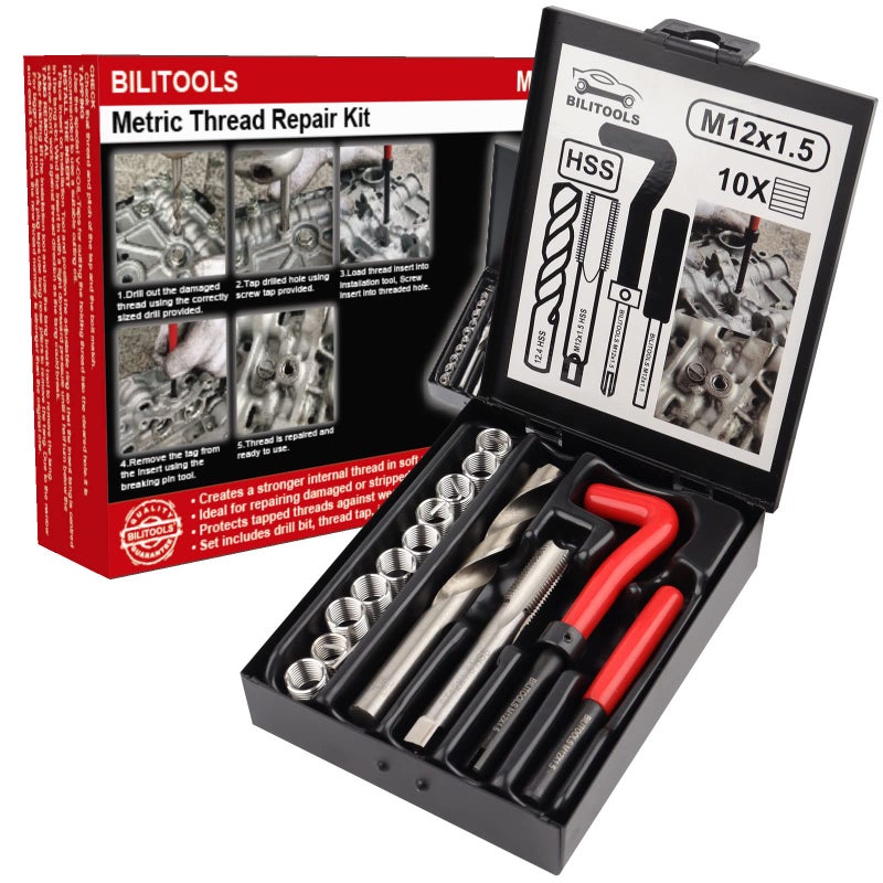 BILITOOLS M12x1.5 Thread Repair Kit, HSS Drill Helicoil Repair Kit Metric