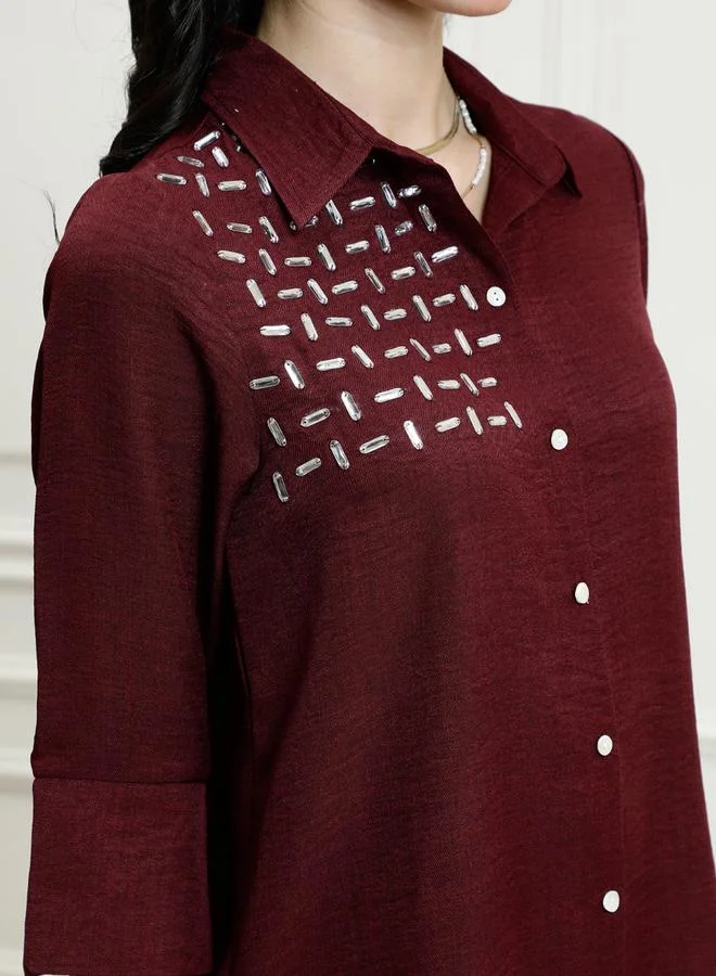Athena Maroon Embellished Top with Trousers Co-Ords
