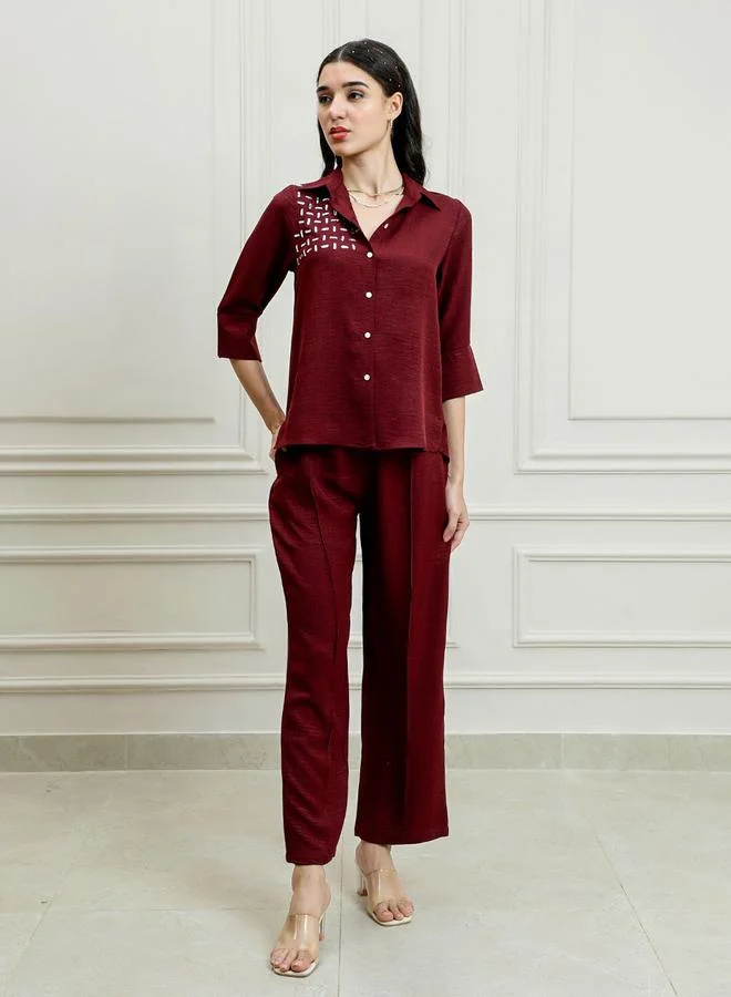 Athena Maroon Embellished Top with Trousers Co-Ords