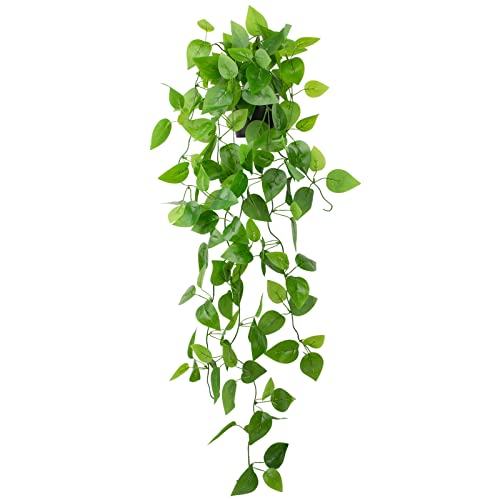 LOYWREE Small Fake Hanging Plant Artificial Potted Plants for Indoor Outdoor Aesthetic - 39in Realistic Faux Hanging Pothos with Ivy Vine for Shelf Decor in Home Office Gardens Greenery (Black Pot) - Image 1