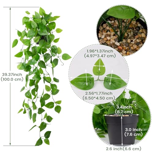 LOYWREE Small Fake Hanging Plant Artificial Potted Plants for Indoor Outdoor Aesthetic - 39in Realistic Faux Hanging Pothos with Ivy Vine for Shelf Decor in Home Office Gardens Greenery (Black Pot) - Image 2