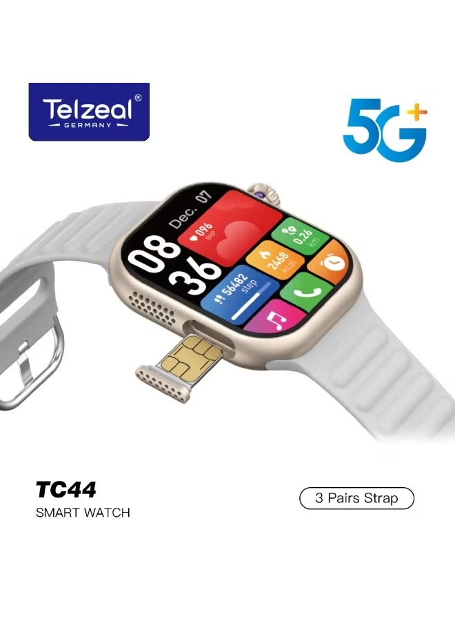 Telzeal TC44 5G Smart Watch with 2.2" HD Display, SIM Support, Bluetooth Calling, Health & Fitness Tracking, 3 Interchangeable Straps & Charging Cable – Gold Smartwatch for Work, Fitness & Daily Wear - Image 2