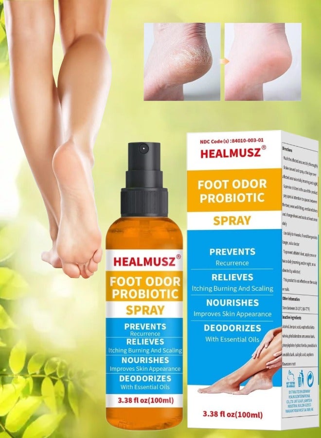 HEALMUSZ بخاخ بروبيوتيك لإزالة رائحة القدمين 100 مل يمنع تكرار الرائحة الكريهة ويخفف الحكة والحرق ويغذي البشرة وينعشها بخاخ مزيل العرق للقدمين والأحذية بزيت بذور الخروع وبخاخ النعناع للقدمين - Image 1