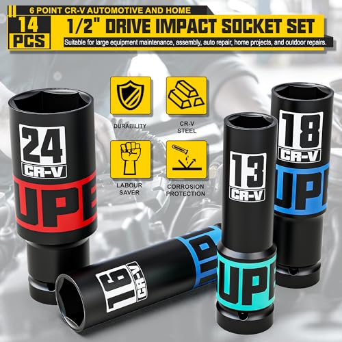 KIRXST 14-Piece 1/2" Drive Impact Socket Set, 10-24mm Thicker Deep Sockets with Storage Case and 1/2 to 1/4 Impact Wrench Adapter, Metric 6 Point Socket Set for Automotive and Home - Image 4