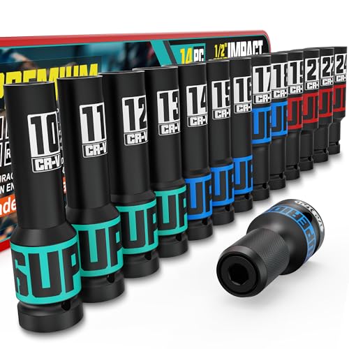 KIRXST 14-Piece 1/2" Drive Impact Socket Set, 10-24mm Thicker Deep Sockets with Storage Case and 1/2 to 1/4 Impact Wrench Adapter, Metric 6 Point Socket Set for Automotive and Home - Image 1