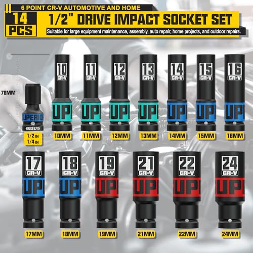 KIRXST 14-Piece 1/2" Drive Impact Socket Set, 10-24mm Thicker Deep Sockets with Storage Case and 1/2 to 1/4 Impact Wrench Adapter, Metric 6 Point Socket Set for Automotive and Home - Image 2