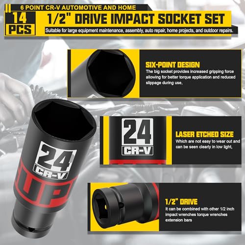 KIRXST 14-Piece 1/2" Drive Impact Socket Set, 10-24mm Thicker Deep Sockets with Storage Case and 1/2 to 1/4 Impact Wrench Adapter, Metric 6 Point Socket Set for Automotive and Home - Image 3