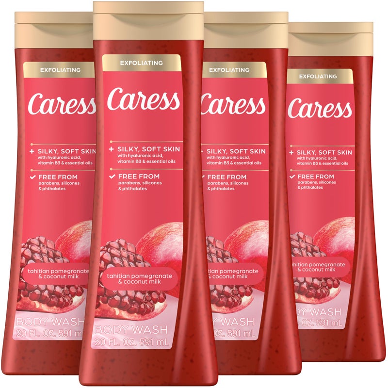 Caress Body Wash for Women, Tahitian Pomegranate & Coconut Milk, Exfoliating Shower Gel for Renewed, Glowing Skin, 20 fl oz, 4 Pack - Image 1