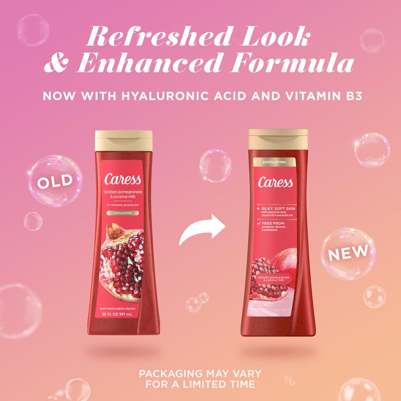 Caress Body Wash for Women, Tahitian Pomegranate & Coconut Milk, Exfoliating Shower Gel for Renewed, Glowing Skin, 20 fl oz, 4 Pack - Image 2