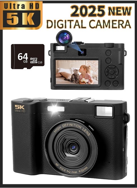 5K Digital Camera for Photography&Video, 64MP Front and Rear Dual Cameras Vlogging Camera,18X Digital Zoom Anti-Shake Travel Camera, Auto-Focus Point and Shoot Camera with 64G TF Card